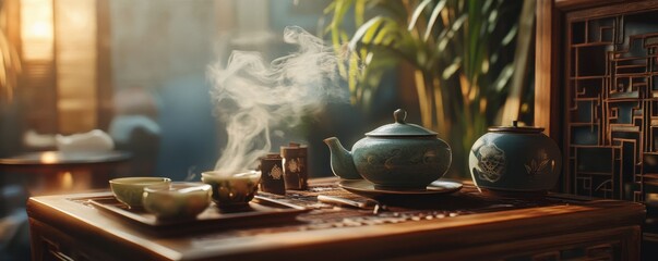 A traditional tea ceremony with intricate details and warm ambiance, 4K photo.