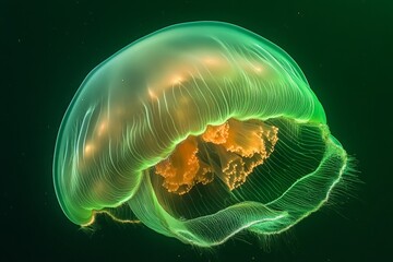 An awe-inspiring jellyfish exhibits a luminescent green glow as it glides gracefully underwater, casting a serene and mystical light that highlights its delicate tentacles.
