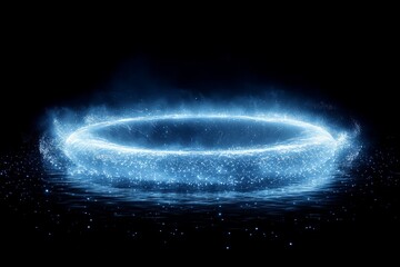 A vibrant blue circular energy field radiates against a dark backdrop, creating an ethereal and otherworldly presence with sparkling details and dynamic movement.