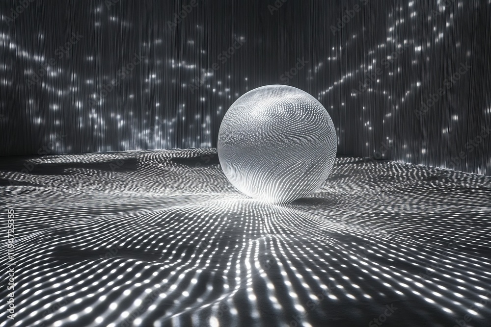 Fototapete A mesmerizing illuminated sphere projects intricate patterns of light across a dimly lit background, creating an abstract and dynamic visual spectacle of light dance.
