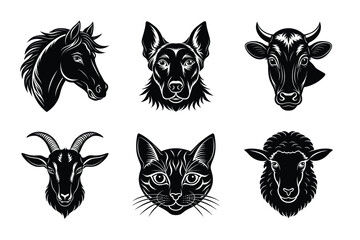 Domestic animals head silhouette set, Animal icon vector illustration, dog, cat, cow, sheep, horse, cat