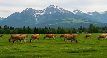Naklejka premium A herd of cows grazing peacefully on a green pasture with a mountain backdrop. Farming and Agriculture