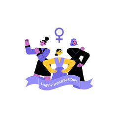 Happy Womens Day With Female Characters And Feminist Symbols In Flat Vector Illustration Symbolizing Empowerment, Unity, And Gender Equality, Isolated On White Background