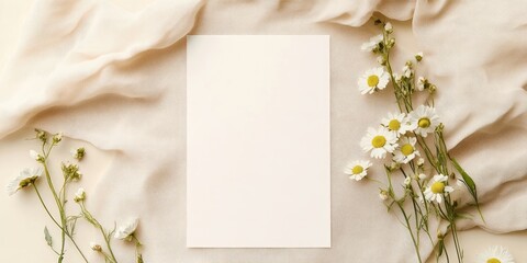 Delicate chamomile flower buds surround a blank card mockup on soft muslin cloth, positioned centrally with natural light enhancing soft hues.