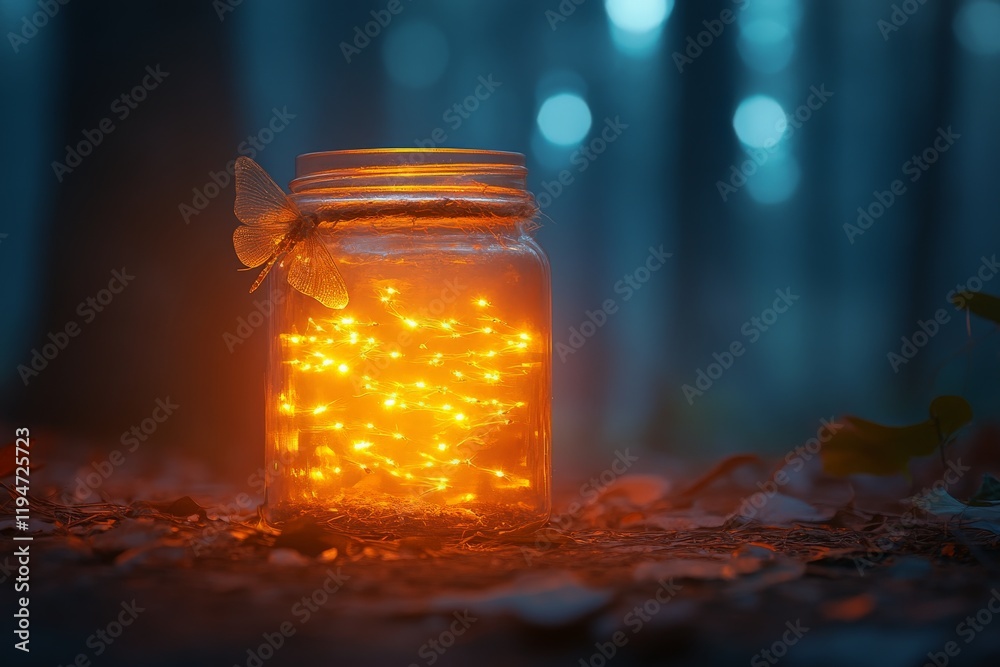 Poster A delicate butterfly perches on a jar filled with bright glowing lights, creating a captivating and serene atmosphere in the enchanting twilight forest setting.