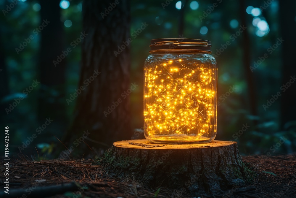 Poster A jar brimming with glowing fireflies is set on a tree stump, illuminating the forest with a gentle yet vibrant light, invoking a sense of wonder and tranquility.