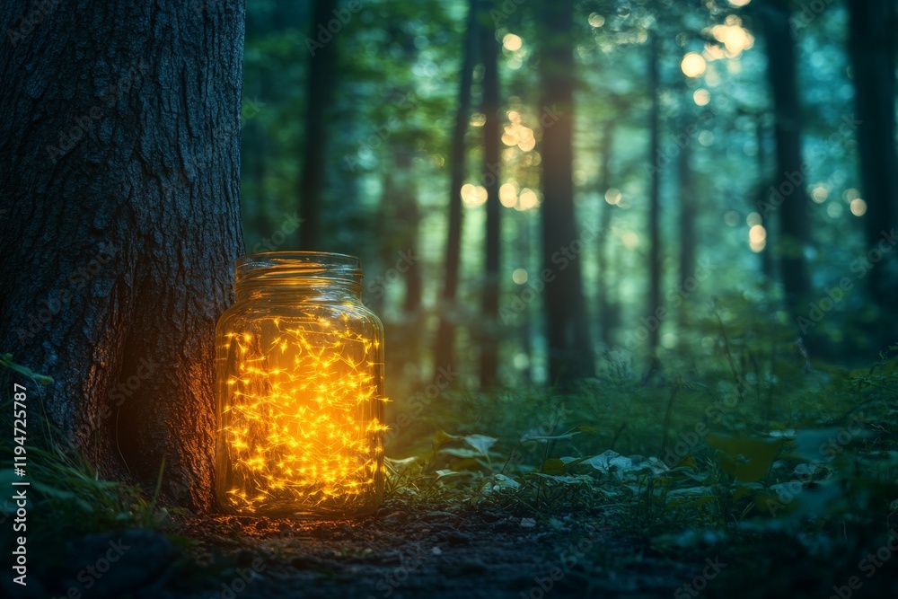 Poster a radiant jar filled with vibrant glowing fireflies rests beside a tree, casting an enchanting glow 