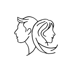 Line art hand-drawn of man and woman faces facing opposite directions.