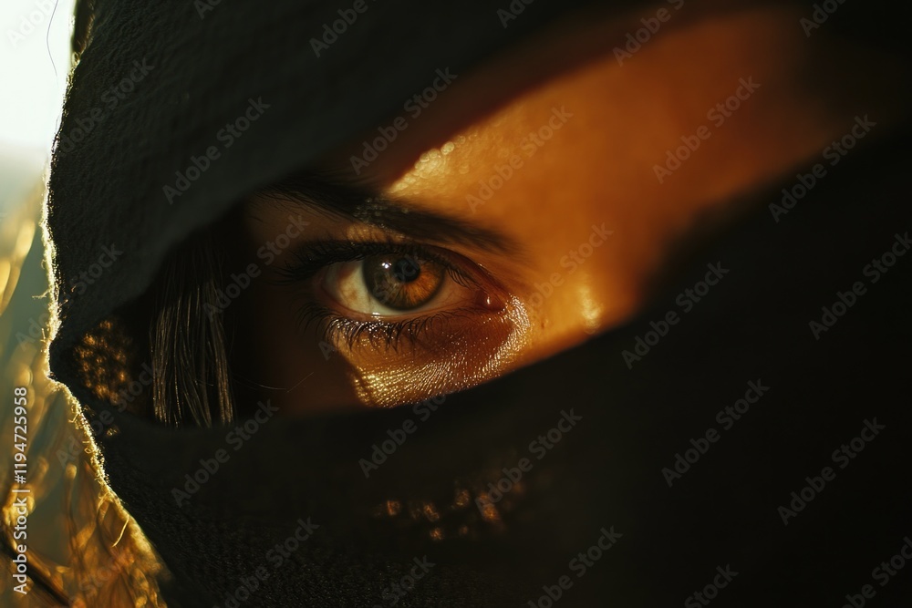Poster a close-up shot of a person's face with a veil covering their identity, suitable for use in various 