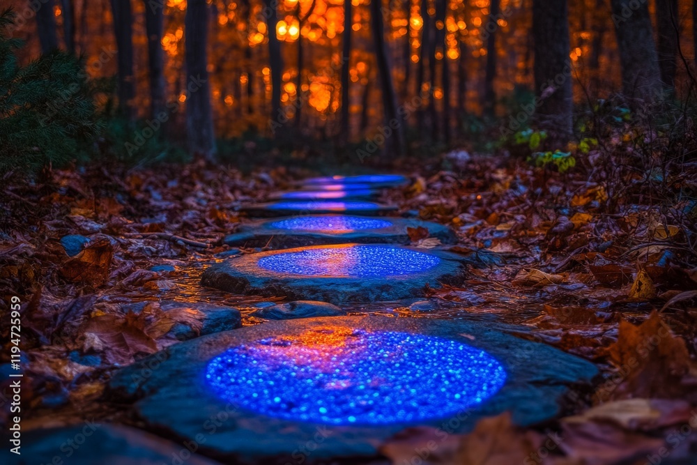 Poster a striking path with glowing blue stones set against the backdrop of a vibrant autumn forest, creati