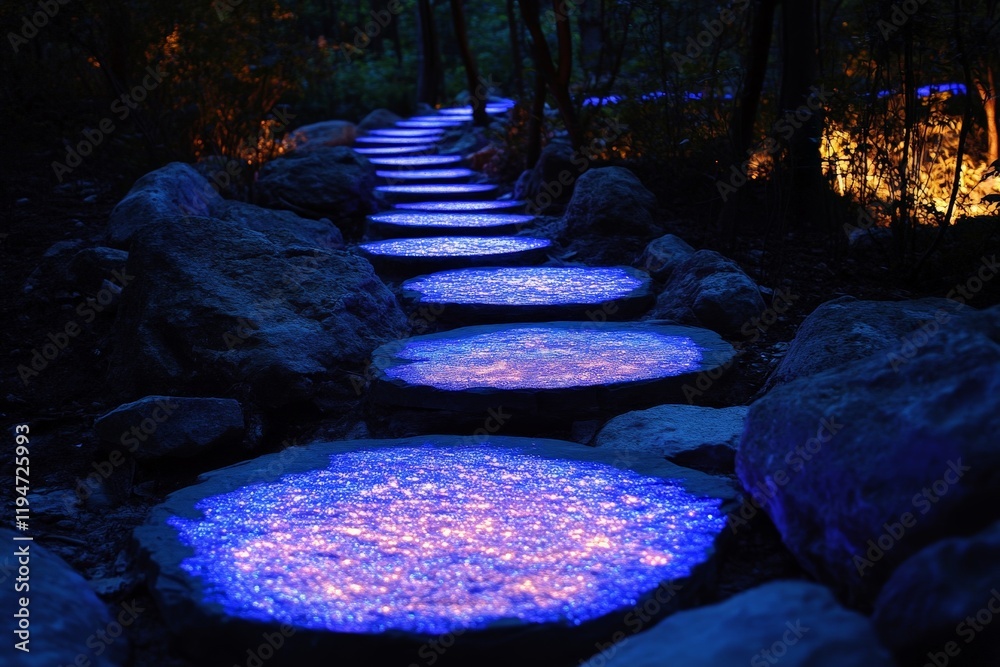 Poster a magical forest path with glowing blue stones, casting an enchanting light amidst the dark surround