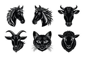 Domestic animals head silhouette set, Animal icon vector illustration, dog, cat, cow, sheep, horse, cat
