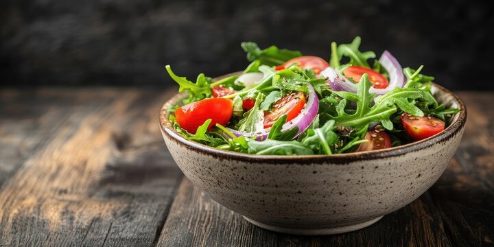 Ceramic bowl filled with colorful organic salad featuring bright red tomatoes and purple onions resting on rustic dark wooden table with copy space