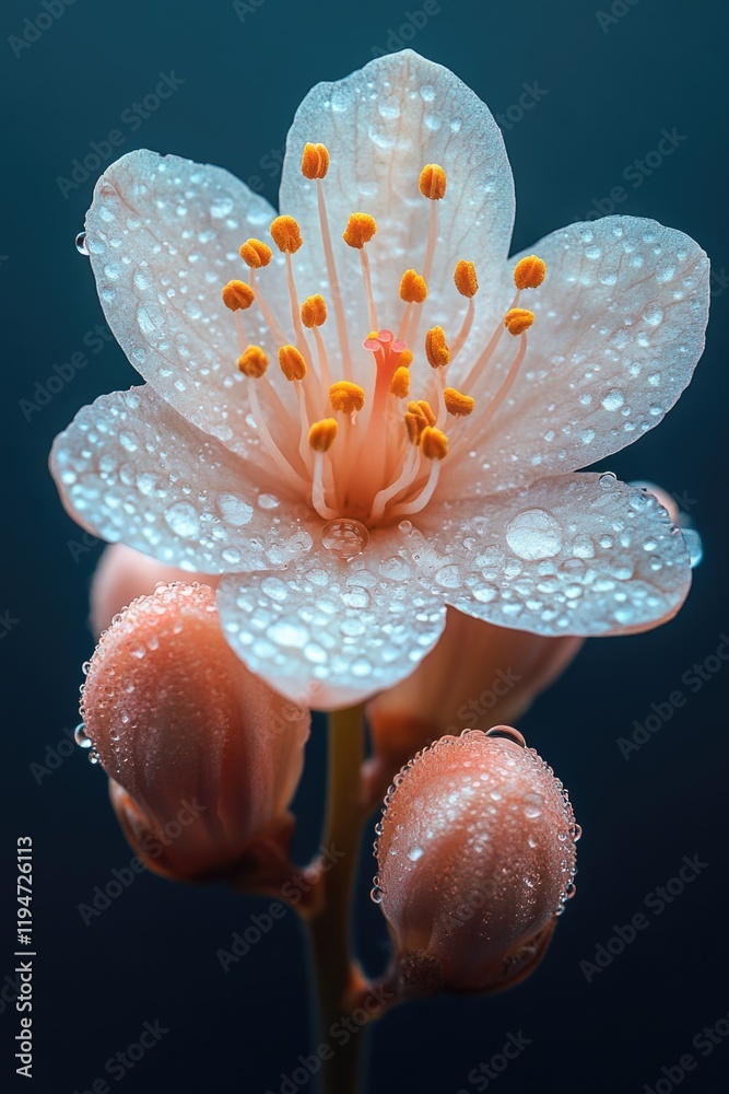 Poster a close-up of a flower with water droplets on its petals, perfect for use in a still life or macro p