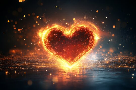A mesmerizing fiery heart ablaze with warm, glowing hues set amid an enchanting, sparkling background, capturing passion and intensity in a digital artwork.