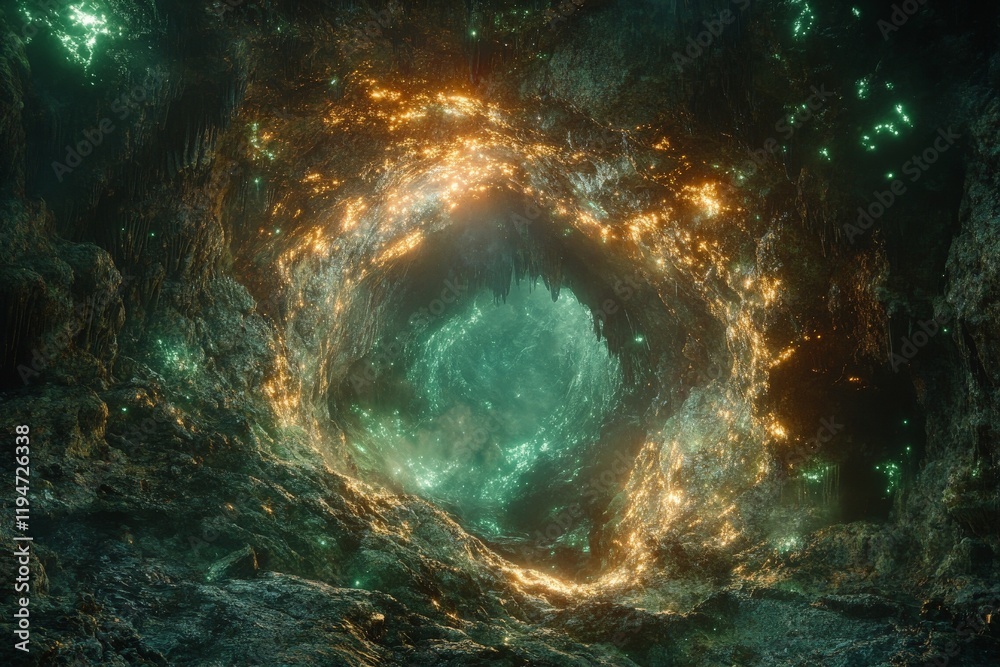 Poster a mystical cave comes alive with vibrant luminous colors and ethereal light, creating a sense of mys