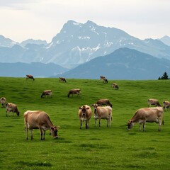 Naklejka premium A herd of cows grazing peacefully on a green pasture with a mountain backdrop. Farming and Agriculture