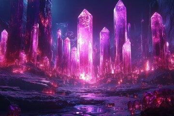 A vibrant array of glowing pink crystals stand tall in an unexplored, mysterious cave, creating a spectacular vista full of wonder and mystical allure.