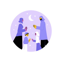 Family Praying Under Crescent Moon In Flat Vector Illustration Symbolizing Ramadan, Faith, And Togetherness, Isolated On White Background