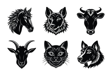 Domestic animals head silhouette set, Animal icon vector illustration, dog, cat, cow, sheep, horse, cat