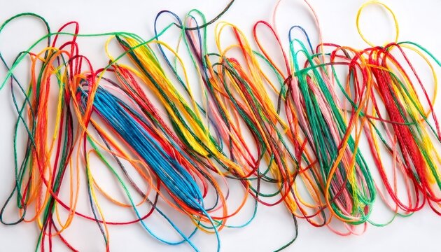 Colorful tangled threads creating a vibrant abstract composition on a clean white background