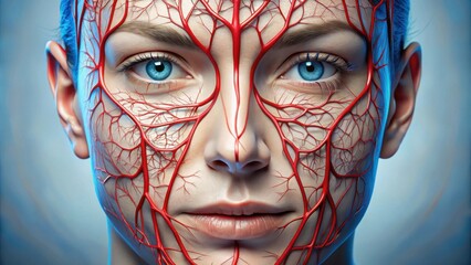 Close-up of a woman's face with prominent vascular network illustration