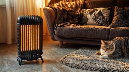 Electric heater warming living room with cat relaxing on rug