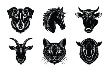 Animals head silhouette set vector illustration. Cow, Cat, horse, dog, sheep mascot icon collection