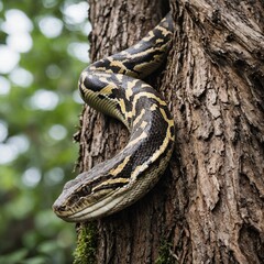 A python wrapping around a tree trunk with a white background.

