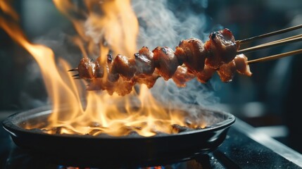 A close-up shot of skewered meat on a grill, perfect for food or cooking images