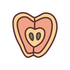 Apple half doodle icon hand drawn with thin line in minimalistic style and colored. Vector illustration isolated on white background