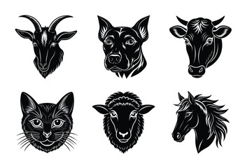 Animals head silhouette set vector illustration. Cow, Cat, horse, dog, sheep mascot icon collection