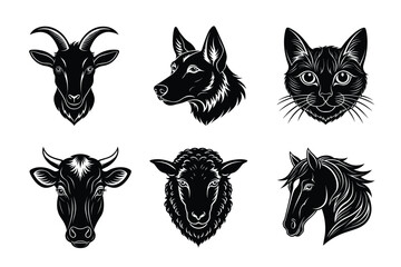 Animals head silhouette set vector illustration. Cow, Cat, horse, dog, sheep mascot icon collection