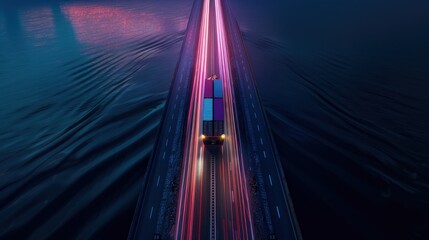 Nighttime cargo truck bridge transit, city lights, logistics