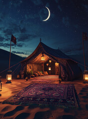 Ramadan Night in a Traditional Desert Tent under a Crescent Moon Generative AI
