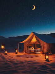Ramadan Night in a Traditional Desert Tent under a Crescent Moon Generative AI