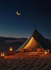 Ramadan Night in a Traditional Desert Tent under a Crescent Moon Generative AI
