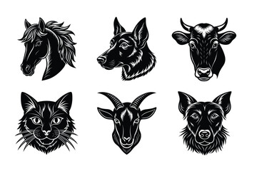 Animals head silhouette set vector illustration. Cow, Cat, horse, dog, sheep mascot icon collection