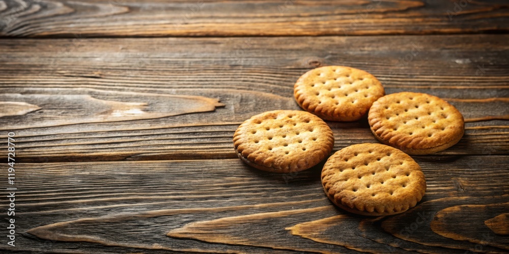 Poster four round crackers resting on rustic wooden surface