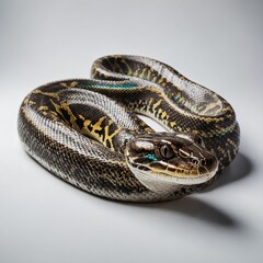 Fototapeta premium A python with iridescent scales under soft lighting on a white background.