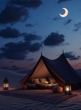 Ramadan Night in a Traditional Desert Tent under a Crescent Moon Generative AI