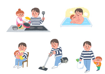 色鉛筆で描いた家事に協力するお父さんのイラストセット