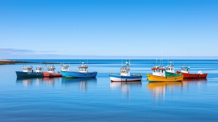 Fototapeta premium Colorful Fishing Boats at Calm Sea
