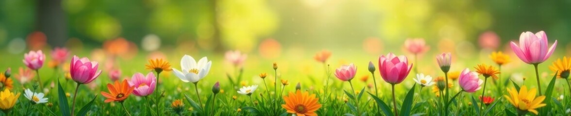 Soft petals of summer blooms spill over the meadow's edge seamlessly , meadow, garden, border