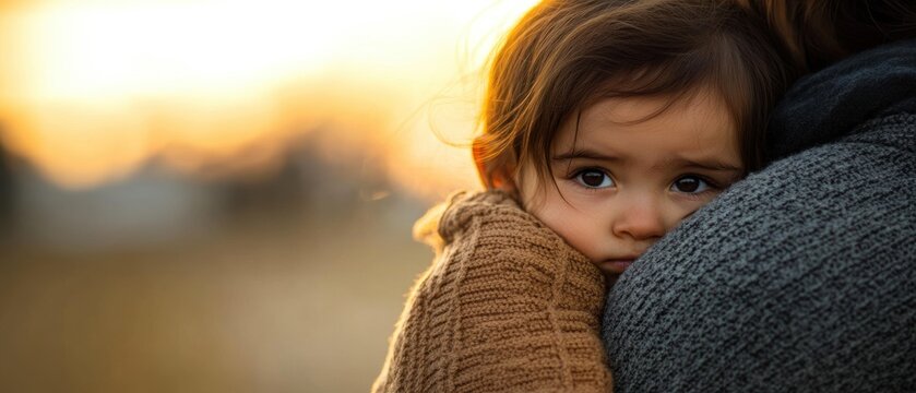 A young child with a somber expression, resting on an adult's shoulder, illuminated by soft, golden light in a tranquil outdoor setting.