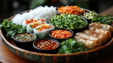 Vietnamese Food Platter: Fresh Spring Rolls, Fried Spring Rolls, Dipping Sauces, Herbs, and Rice Noodles