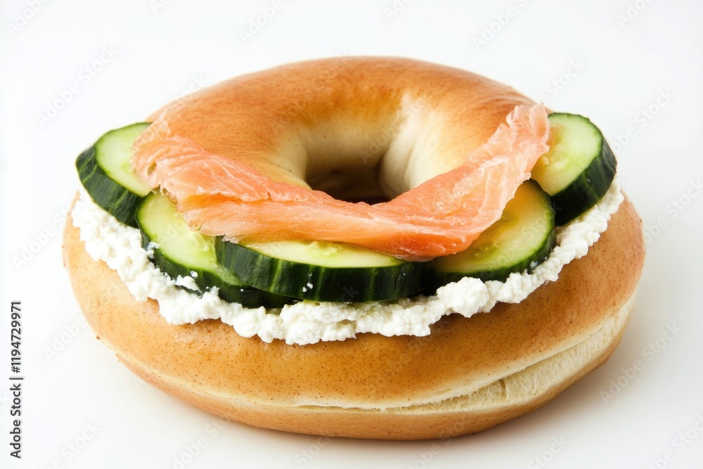 Poster a close-up of a toasted bagel topped with smoked salmon, cucumber slices, and cream cheese