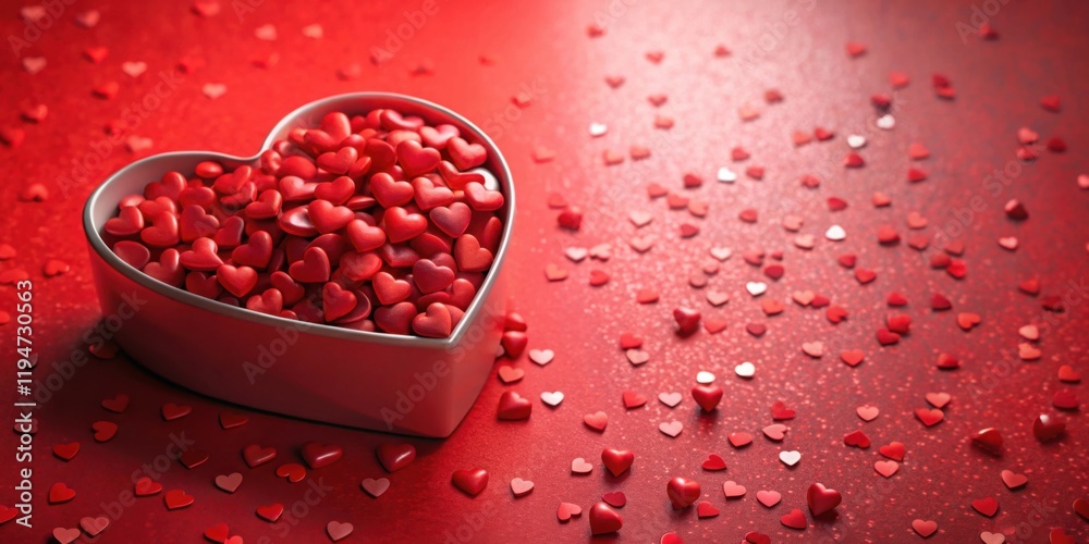 Aufkleber heart-shaped bowl overflowing with small red hearts on red background