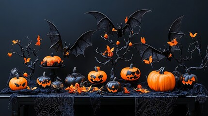 Halloween setup with black and orange tones bats pumpkins and spiders