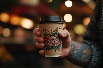 Tattooed barista holding eco-friendly coffee cup with floral design in cafe